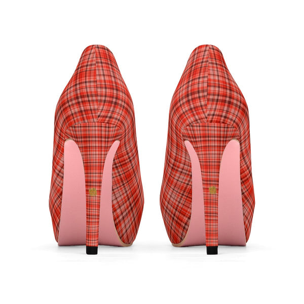Orange Red Tartan Scottish Plaid Print Women's Platform Heels Stiletto Pumps Shoes-4 inch Heels-Heidi Kimura Art LLC