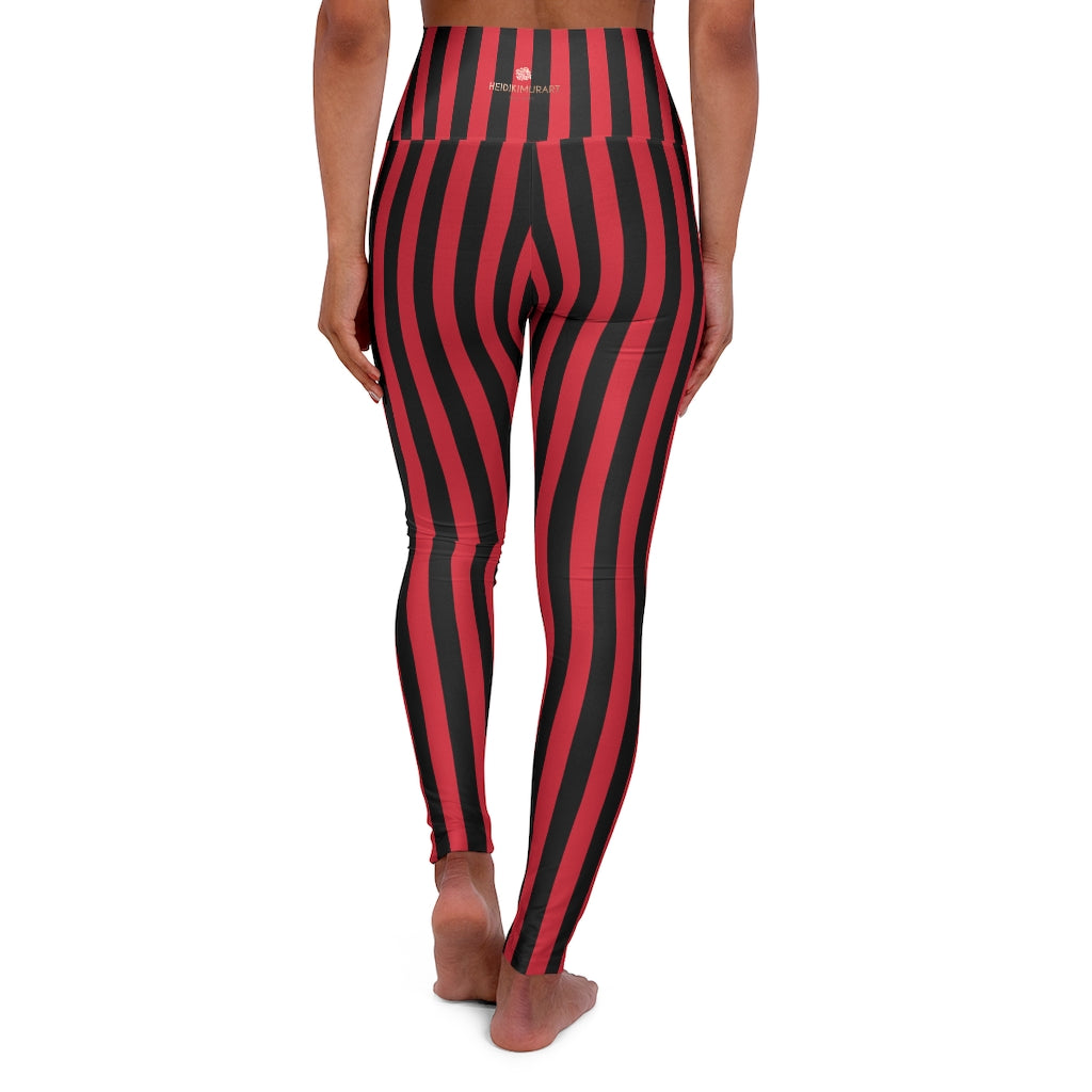 Red Black Striped Tights, High Waisted Vertical Stripes Yoga Leggings Long Women Yoga Tights-All Over Prints-Printify-XL-Heidi Kimura Art LLC