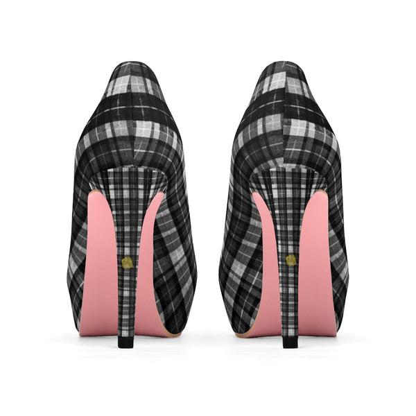 Black White Plaid Tartan Print Women's Platform Heels Stiletto Pumps (US Size: 5-11)-4 inch Heels-Heidi Kimura Art LLC