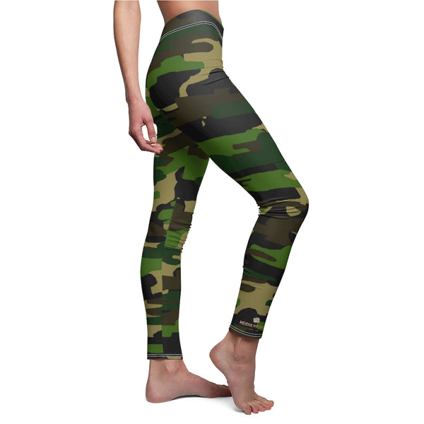 Green Brown Camo Military Print Women's Dressy Long Casual Leggings- Made in USA-Casual Leggings-Heidi Kimura Art LLC