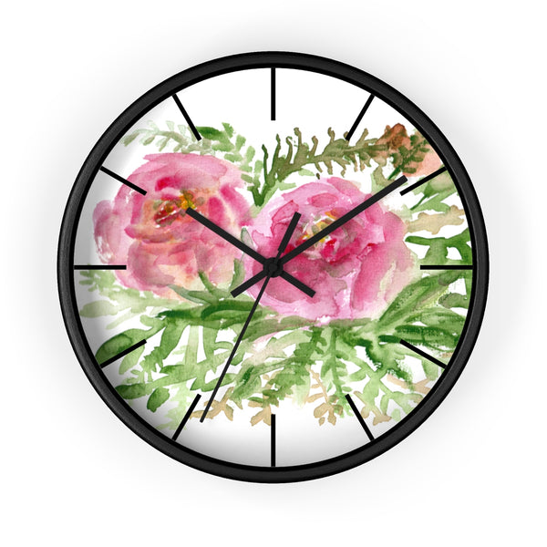 Pink Rose Vintage Style Floral Print Rose Flower 10 inch Diameter Wall Clock-Made in USA-Wall Clock-Black-Black-Heidi Kimura Art LLC