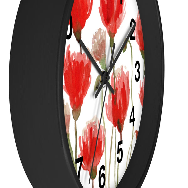 Red Poppy Floral Wall Clock,  Best Numeric Floral 10 inch Diameter Flower Wall Clock-Made in USA, Large Round Wood Girl Children Bedroom Wall Clock