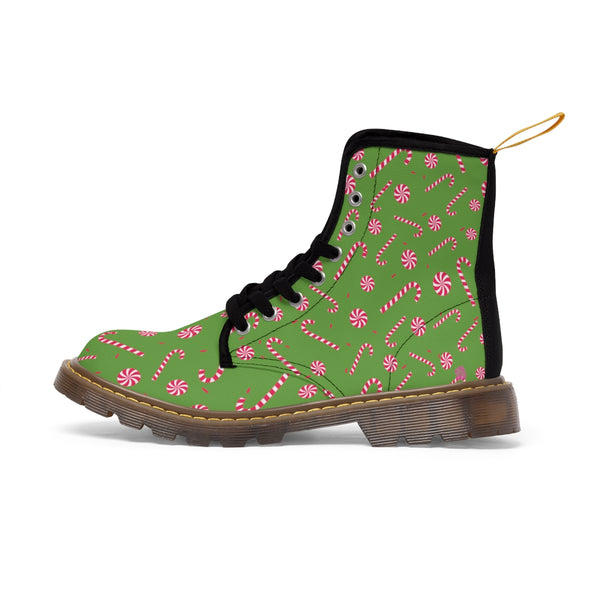 Green Christmas Women's Canvas Boots, Best Red Candy Cane Print Winter Boots For Women (US Size 6.5-11)