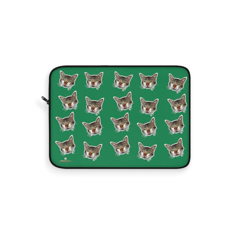 Dark Green Peanut Meow Cat Calico Print 12",13",15" Computer Bag Laptop Sleeve- Made in USA-Laptop Sleeve-15"-Heidi Kimura Art LLC