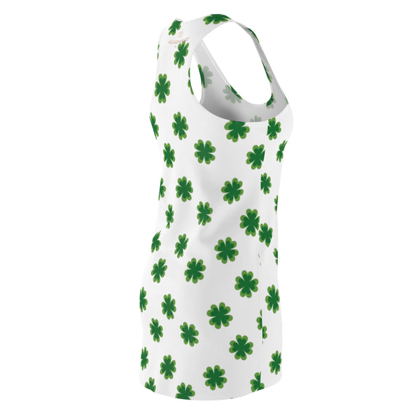 White Green Clover Leaf Print St. Patty's Day Long Women's Racerback Dress-Made in USA-Women's Sleeveless Dress-Heidi Kimura Art LLC