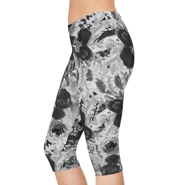 Grey Floral Women's Capri Leggings, Flower Abstract Rose Print American-Made Best Designer Premium Quality Knee-Length Mid-Waist Fit Knee-Length Polyester Capris Tights-Made in USA (US Size: XS-3XL) Plus Size Available