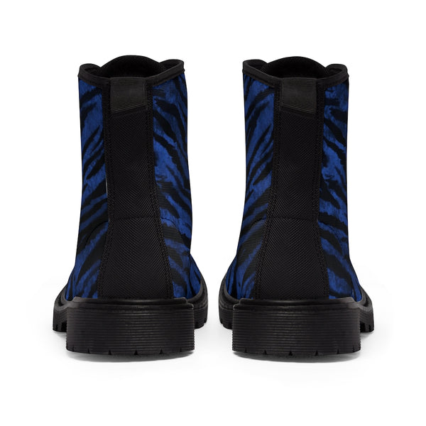 Blue Tiger Striped Men's Boots, Fierce Wild Tiger Striped Animal Print Designer Men's Lace-Up Winter Boots Men's Shoes (US Size: 7-10.5)