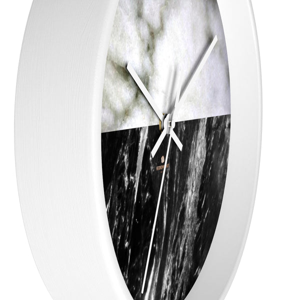 Black & White Marble Print Wall Clock, Modern Large Indoor 10" dia. Clock-Made in USA-Wall Clock-Heidi Kimura Art LLC