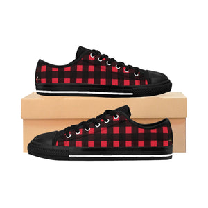 Red Buffalo Plaid Men's Sneakers, Preppy Low Top Shoes For Men-Shoes-Printify-Black-US 9-Heidi Kimura Art LLC Black Red Plaid Men's Sneakers, Buffalo Plaid Preppy Men's Low Tops, Premium Men's Nylon Canvas Tennis Fashion Sneakers Shoes (US Size: 7-14)