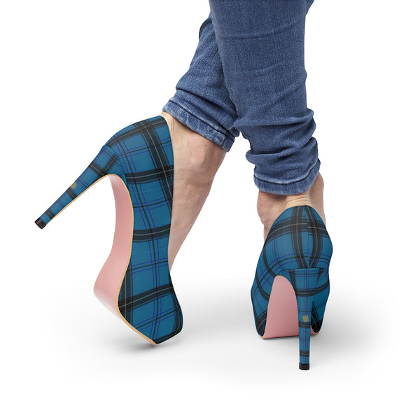 Light Blue Tartan Scottish Plaid Print Women's Platform Heels Pumps (US Size: 5-11)-4 inch Heels-Heidi Kimura Art LLC