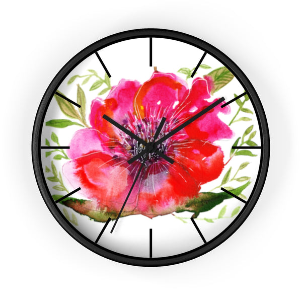 Pink Hibiscus Floral Print Wall Clock, 10" Dia. Modern Unique Indoor Clock-Made in USA-Wall Clock-Black-Black-Heidi Kimura Art LLC v