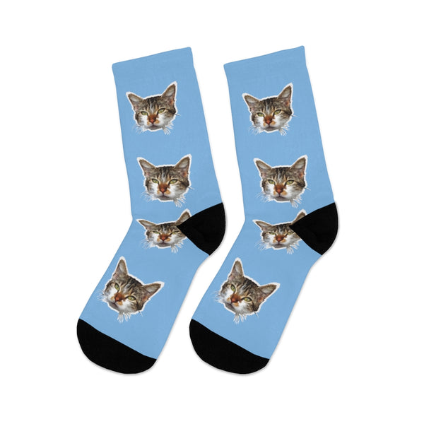 Light Blue Cat Print Socks, Premium Cute Calico Cat 1-Size Knit Premium Socks- Made in USA-Socks-One size-Heidi Kimura Art LLC