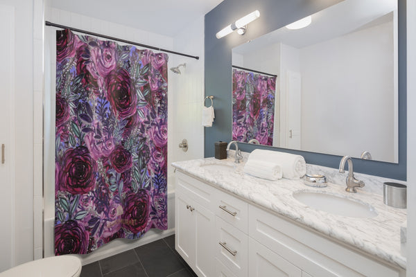 Elegant Violet Purple Rose Floral Print 71x74 in Shower Curtains- Printed in USA-Shower Curtain-71" x 74"-Heidi Kimura Art LLC Purple Rose Floral Shower Curtains, Elegant Violet Purple Rose Floral Print Designer Shower Curtains- Printed in USA, Large 100% Polyester 71x74 inches 