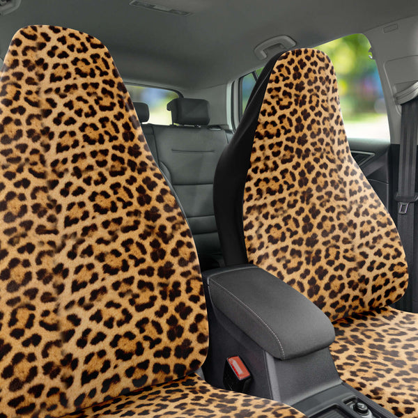 Leopard Car Seat Cover, Brown Beige Leopard Animal Print Designer Essential Premium Quality Best Machine Washable Microfiber Luxury Car Seat Cover - 2 Pack For Your Car Seat Protection, Cart Seat Protectors, Car Seat Accessories, Pair of 2 Front Seat Covers, Custom Seat Covers