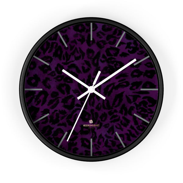 Purple Leopard Animal Print Large Unique Indoor Designer 10" Dia. Wall Clocks- Made in USA-Wall Clock-10 in-Black-White-Heidi Kimura Art LLC