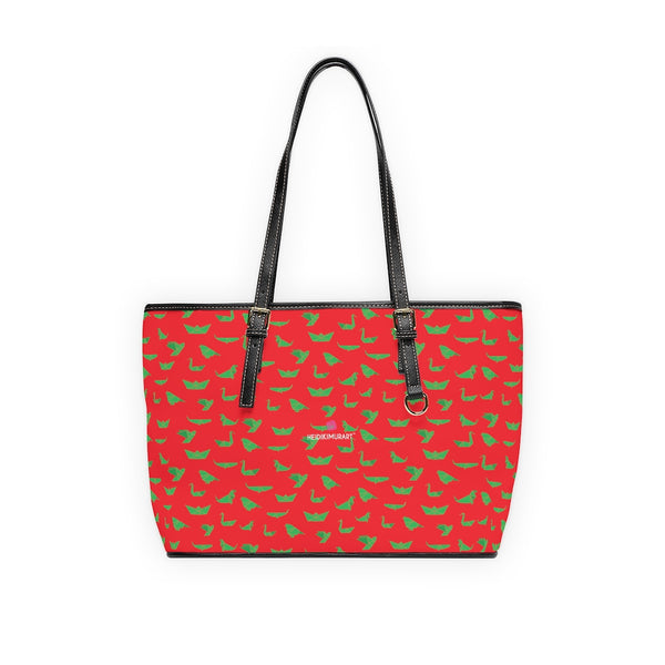 Green Crane Red Tote Bag, Best Stylish Fashionable Printed PU Leather Shoulder Large Spacious Durable Hand Work Bag 17"x11"/ 16"x10" With Gold-Color Zippers & Buckles & Mobile Phone Slots & Inner Pockets, All Day Large Tote Luxury Best Sleek and Sophisticated Cute Work Shoulder Bag For Women With Outside And Inner Zippers