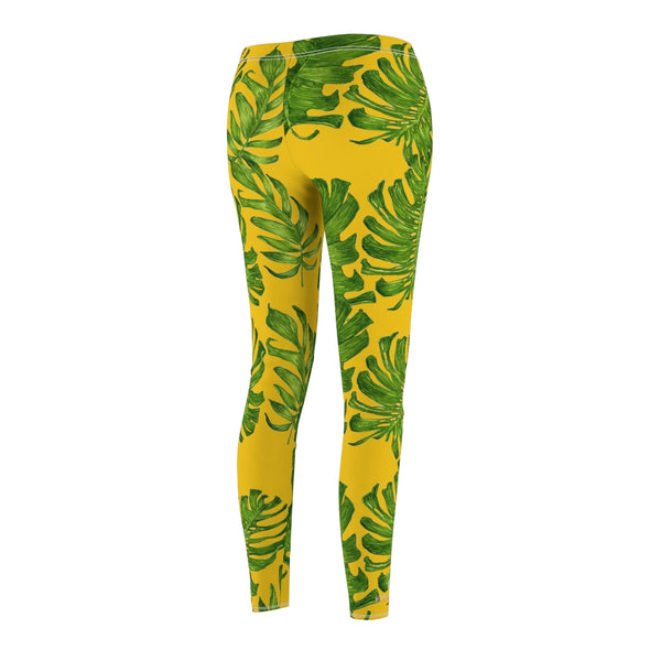 Yellow And Green Tropical Leaf Print Women's Dressy Long Casual Leggings- Made in USA-Casual Leggings-Heidi Kimura Art LLC