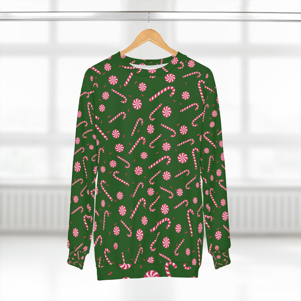 Dark Green Red Candy Cane Print Christmas Holiday Unisex Sweatshirt - Made in USA-Unisex Sweatshirt-L-Heidi Kimura Art LLC