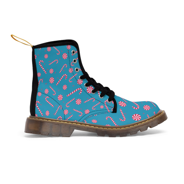 Turquoise Christmas Women's Canvas Boots, Red Candy Cane Print Winter Boots For Women