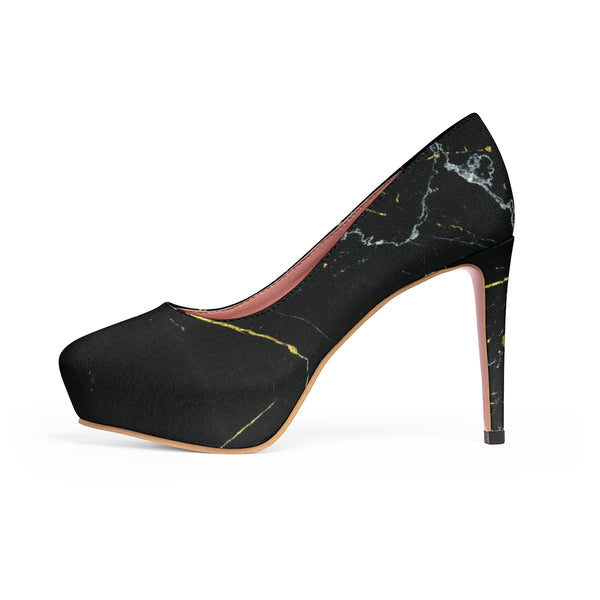 Black Marble Print Women's Heels, Premium Women's Platform Heels Stiletto Pumps-4 inch Heels-Heidi Kimura Art LLC