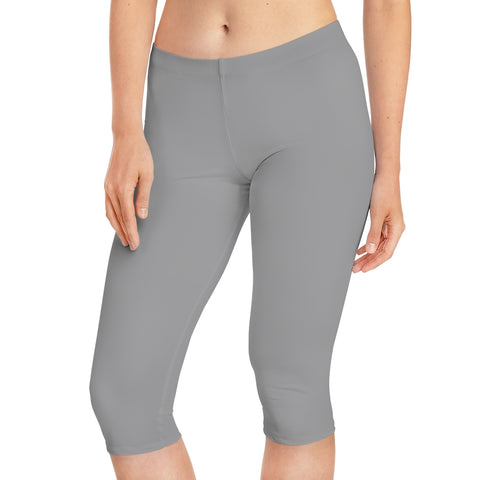 Ash Grey Women's Capri Leggings, Knee-Length Mid-Waist Fit Knee-Length Polyester Capris Tights-Made in USA (US Size: XS-3XL)