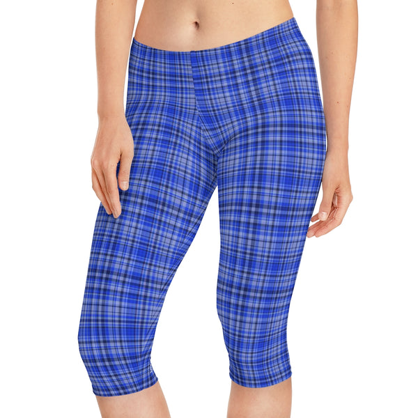 Blue Plaid Women's Capri Leggings, Modern Blue Plaid Scottish Plaid Print American-Made Best Designer Premium Quality Knee-Length Mid-Waist Fit Knee-Length Polyester Capris Tights-Made in USA (US Size: XS-3XL) Plus Size Available
