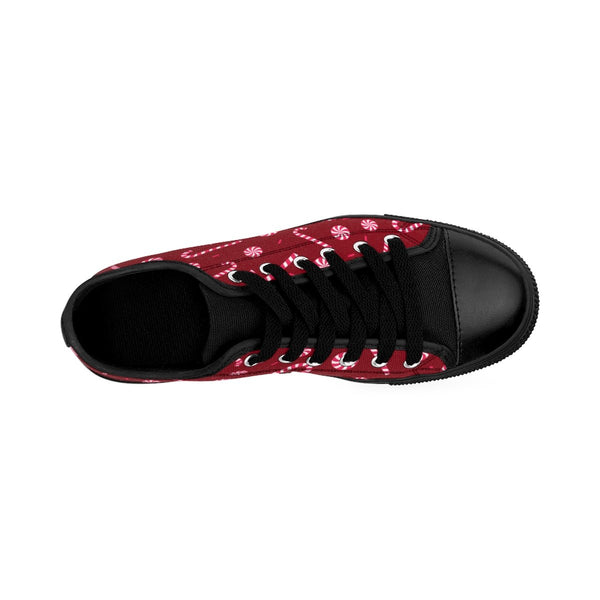 Burgundy Red White Candy Cane Christmas Print Men's Low Top Sneakers Tennis Shoes-Men's Low Top Sneakers-Heidi Kimura Art LLC