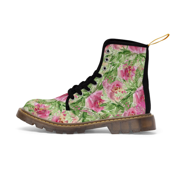 Pink French Rose Floral Print Designer Women's Winter Lace-up Toe Cap Boots-Women's Boots-Brown-US 10-Heidi Kimura Art LLC