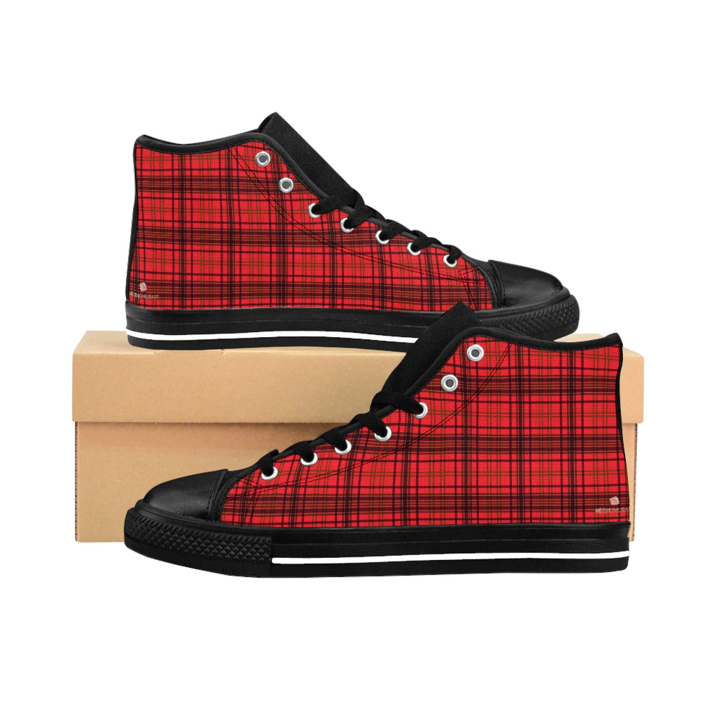 Red Plaid Women's Sneakers, Classic Tartan Print Designer High-top