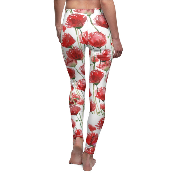 Red Poppy Floral Casual Tights, Women's Floral Casual Leggings