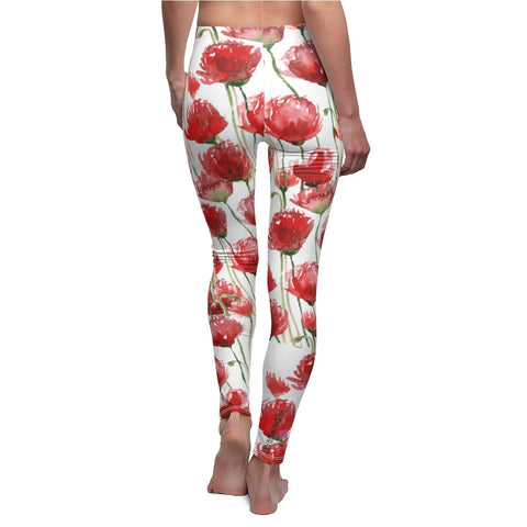 White Poppy Flower Tights, Best White and Red Poppy Flower Cute Elegant Chic Designer Watercolor Floral Print Skinny Fit Best Long Women's Tights / Fashion Floral Print Skinny Fit Designer Premium Quality Casual Leggings - Made in USA (US Size: XS-2XL) Plus Size Available&nbsp;