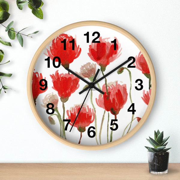 Red Poppy Floral Wall Clock,  Best Numeric Floral 10 inch Diameter Flower Wall Clock-Made in USA, Large Round Wood Girl Children Bedroom Wall Clock