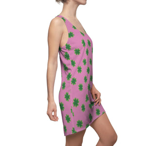Pink Green Clover Leaf Print St. Patty's Day Long Women's Racerback Dress-Made in USA-Women's Sleeveless Dress-2XL-Heidi Kimura Art LLC