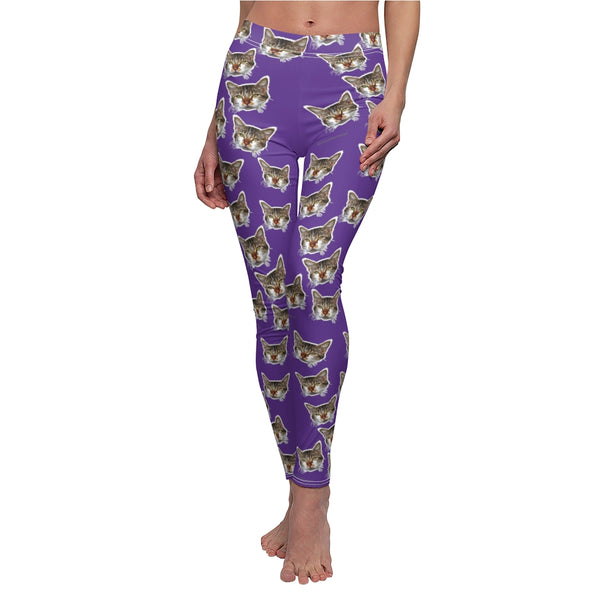 Purple Peanut Meow Cat Cute Calico Print Women's Fancy Casual Leggings- Made in USA-All Over Prints-Heidi Kimura Art LLC