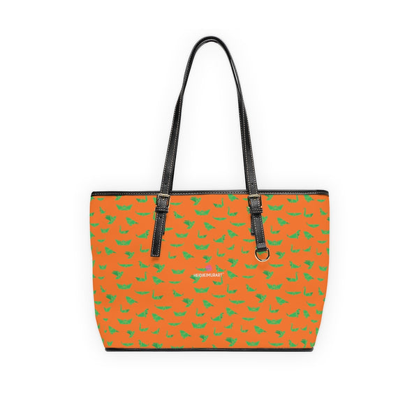 Green Crane Orange Tote Bag, Best Stylish Fashionable Printed PU Leather Shoulder Large Spacious Durable Hand Work Bag 17"x11"/ 16"x10" With Gold-Color Zippers & Buckles & Mobile Phone Slots & Inner Pockets, All Day Large Tote Luxury Best Sleek and Sophisticated Cute Work Shoulder Bag For Women With Outside And Inner Zippers