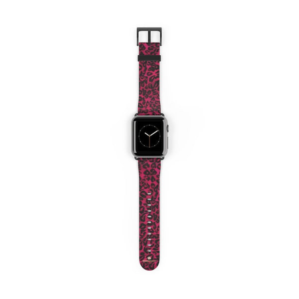 Pink Leopard Animal Print 38mm/42mm Watch Band For Apple Watch- Made in USA-Watch Band-38 mm-Black Matte-Heidi Kimura Art LLC