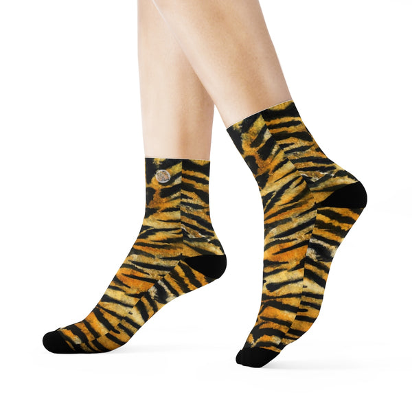 Tiger Stripe Print Socks, Best Luxury Orange Animal Print Designer Women's/ Men's Socks-Socks-Heidi Kimura Art LLC