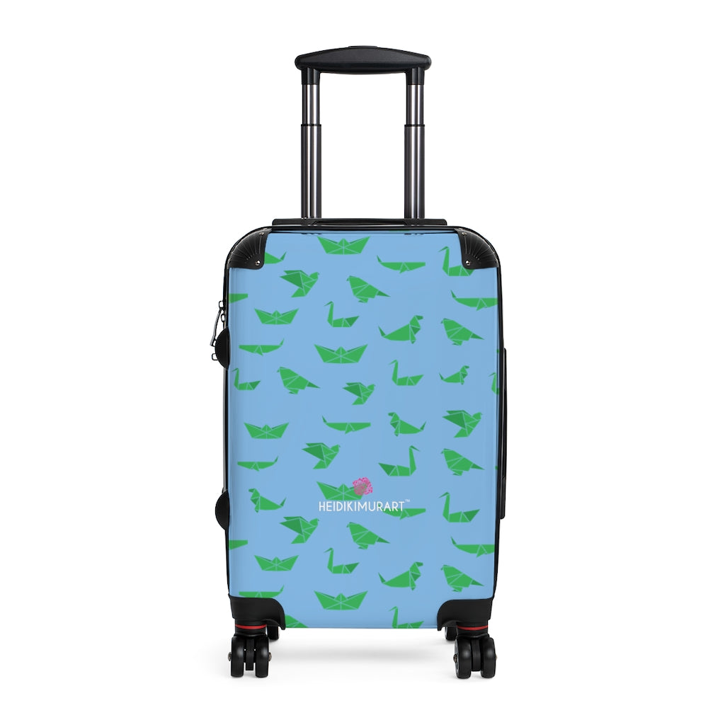 Blue Green Crane Cabin Suitcase, Japanese Style Designer Carry On Polycarbonate Front and Hard-Shell Durable Small 1-Size Carry-on Luggage With 2 Inner Pockets & Built in Lock With 4 Wheel 360° Swivel and Adjustable Telescopic Handle - Made in USA/UK (Size: 13.3" x 22.4" x 9.05", Weight: 7.5 lb) Unique Cute Carry-On Best Personal Travel Bag Custom Luggage - Gift For Him or Her 