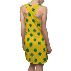 Yellow Green Clover Leaf Print St. Patty's Day Long Women's Racerback Dress-Made in USA-Women's Sleeveless Dress-2XL-Heidi Kimura Art LLC