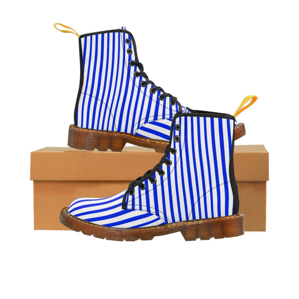 Blue Striped Print Men's Boots, Blue White Stripes Best Hiking Winter Boots Laced Up Shoes For Men-Shoes-Printify-Brown-US 8-Heidi Kimura Art LLC