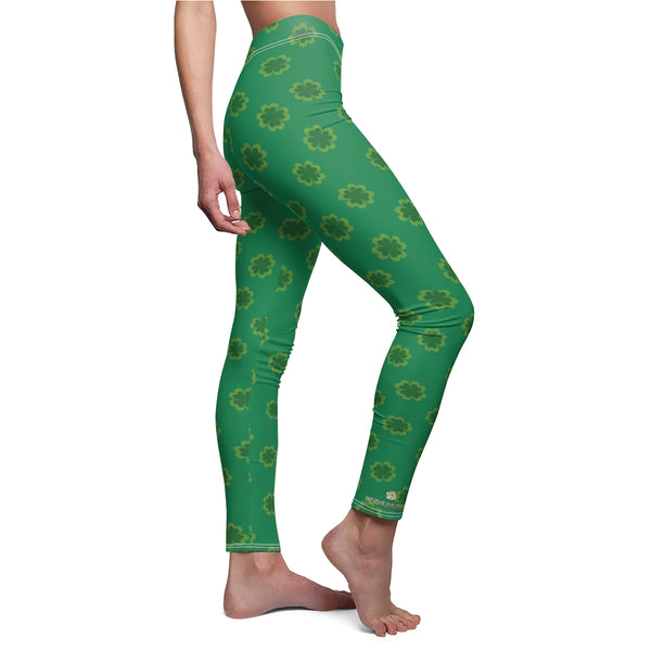 Green St. Patrick's Day Green Clover Print Women's Dressy Long Casual Leggings- Made in USA-Casual Leggings-Heidi Kimura Art LLC