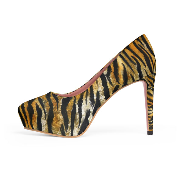 Orange Bengal Tiger Striped Animal Skin Pattern Designer Women's 4" Platform Heels-4 inch Heels-Heidi Kimura Art LLC