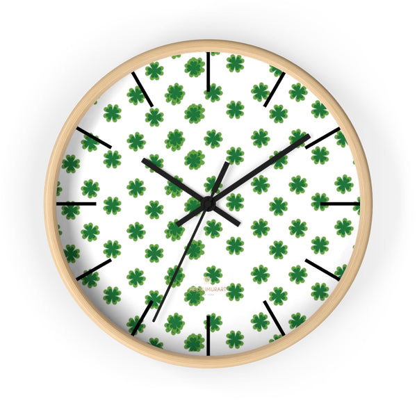Green Clover Irish St. Patrick's Day Print Large Unique 10" Diameter Wall Clocks- Made in USA-Wall Clock-10 in-Wooden-Black-Heidi Kimura Art LLC