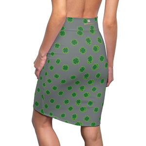 Medium Gray Green Clover Leaf Print St. Patrick's Day Women's Pencil Skirt- Made in USA-Pencil Skirt-2XL-4 oz.-Heidi Kimura Art LLC