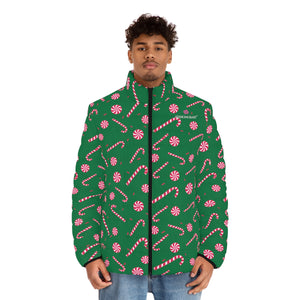 Green Candy Cane Men's Jacket, Best Christmas Fashion Stylish Winter Designer Best Casual Men's Winter Jacket, Best Modern Minimalist Classic Regular Fit Polyester Men's Puffer Jacket With Stand Up Collar (US Size: S-2XL)