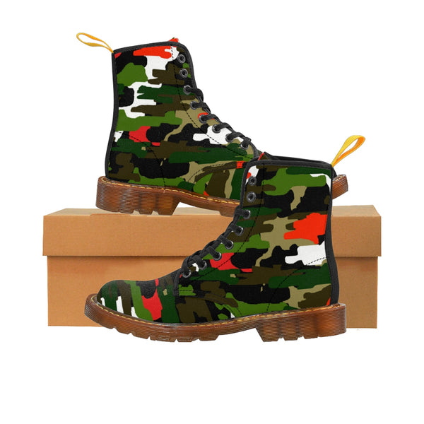 Green Red Camouflage Military Army Print Men's Canvas Winter Laced Up Boots-Men's Boots-Brown-US 8-Heidi Kimura Art LLC