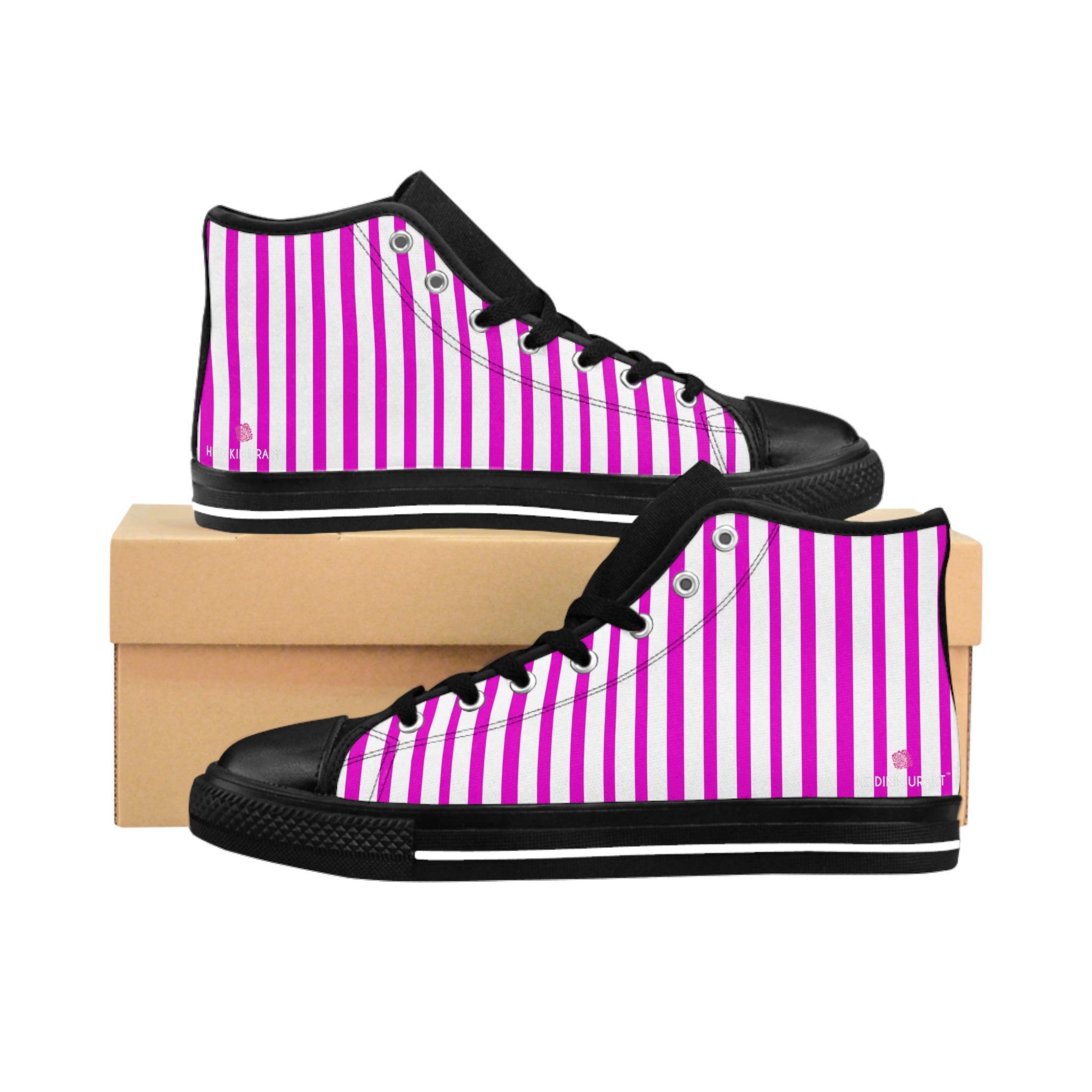 Pink Striped Men's High-top Sneakers, Pink White Modern Stripes Men's High Tops, High Top Striped Sneakers, Striped Casual Men's High Top For Sale, Fashionable Designer Men's Fashion High Top Sneakers, Tennis Running Shoes (US Size: 6-14)