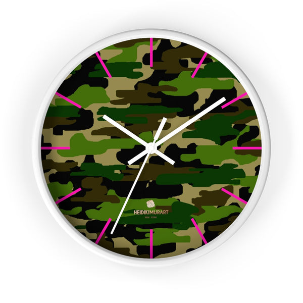 Green Camouflage Camo Army Military Print 10 in. Dia. Indoor Wall Clock- Made in USA-Wall Clock-10 in-White-White-Heidi Kimura Art LLC