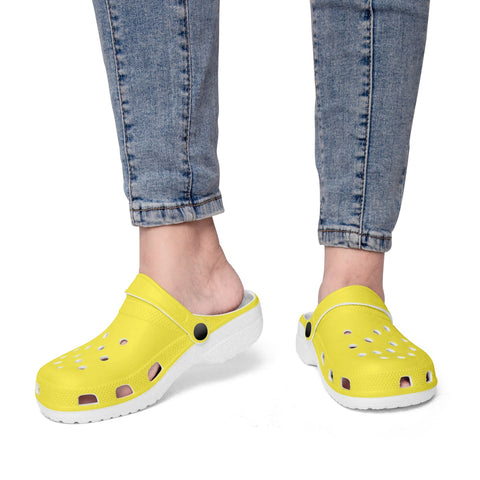Bright Yellow Color Unisex Clogs, Best Solid Lemon Yellow Color Classic Solid Color Printed Adult's Lightweight Anti-Slip Unisex Extra Comfy Soft Breathable Supportive Clogs Flip Flop Pool Water Beach Slippers Sandals Shoes For Men or Women, Men's US Size: 3.5-12, Women's US Size: 4-12