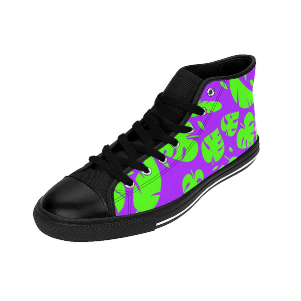Green Tropical Leaf Men's High-top Sneakers, Green Purple Hawaiian Style Leaves Print Designer Men's High-top Sneakers Running Tennis Shoes, Floral High Tops, Mens Floral Print Shoes, Hawaiian Style Tropical Leaf Print Sneakers For Men (US Size: 6-14)